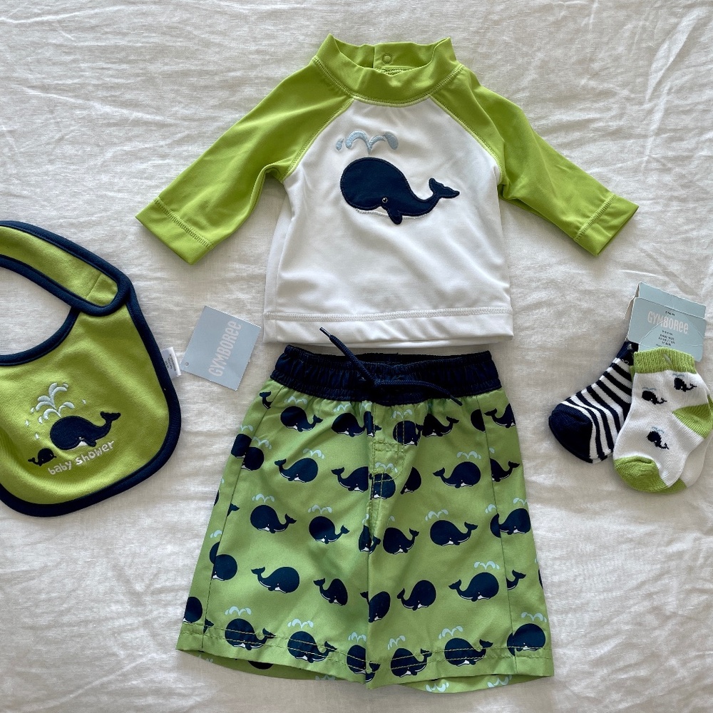 NWT Baby Boy 0-3 Months Swim Set with Bib and Socks